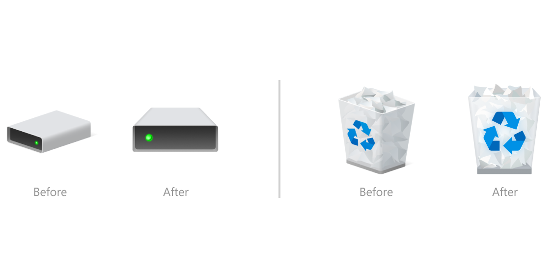 New disk drives and Recycle Bin icons in Windows 10