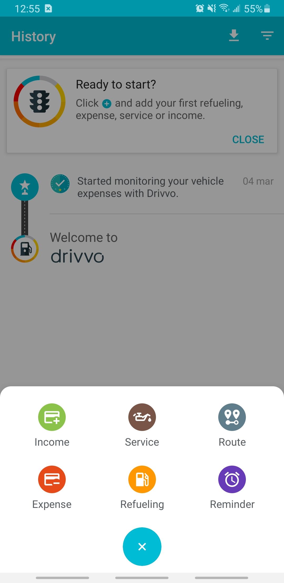 drivvo app options to add new entry