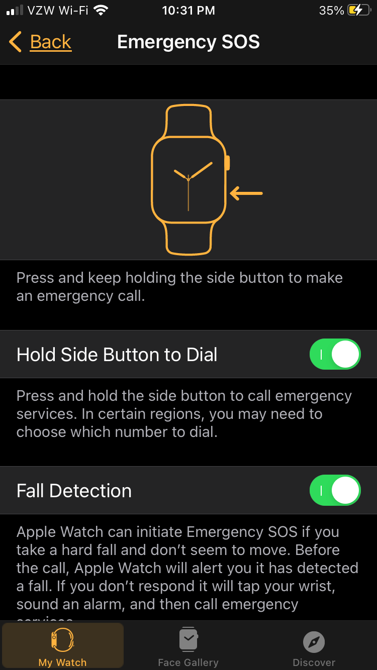 Screenshot of the Emergency SOS menu in the Watch App showing the fall detection feature turned on.
