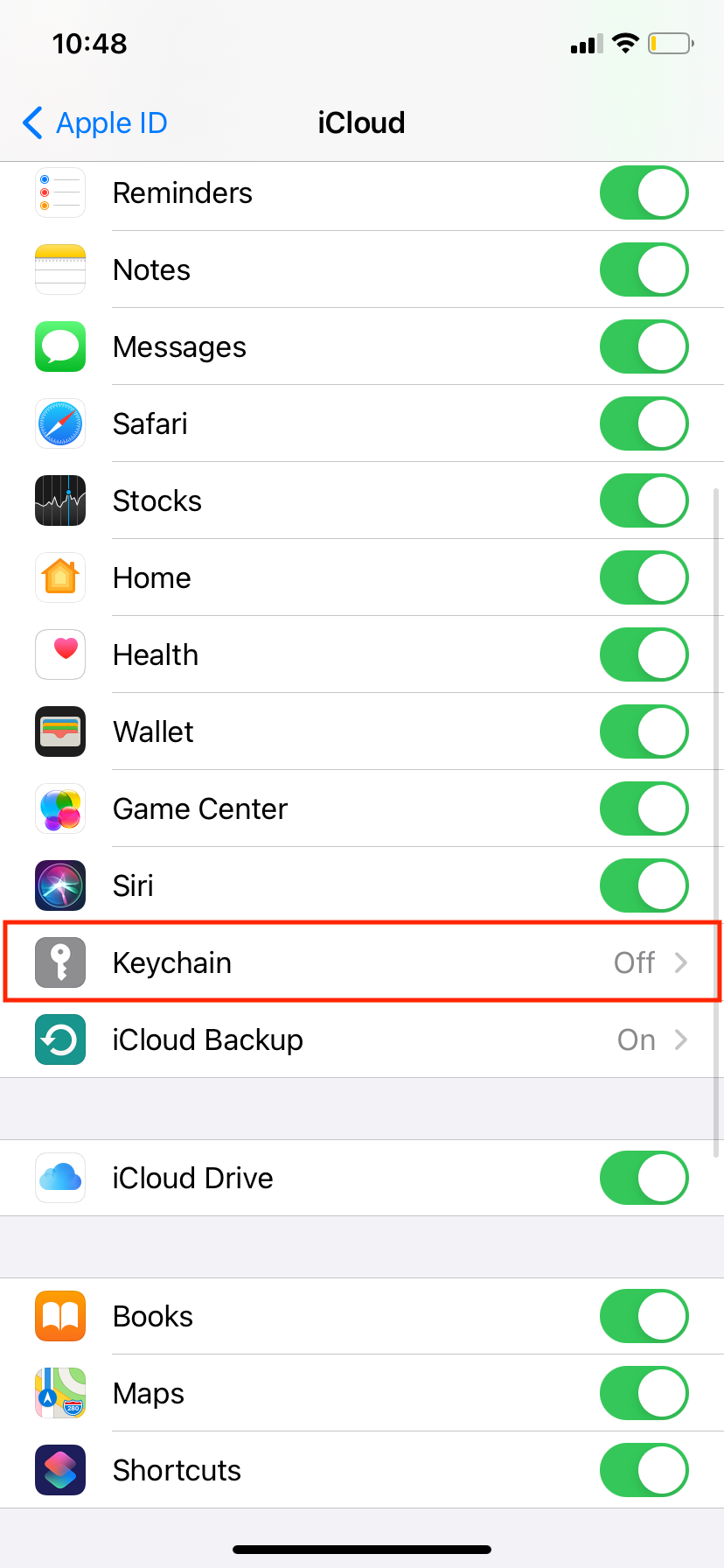 Keychain settings on iPhone.