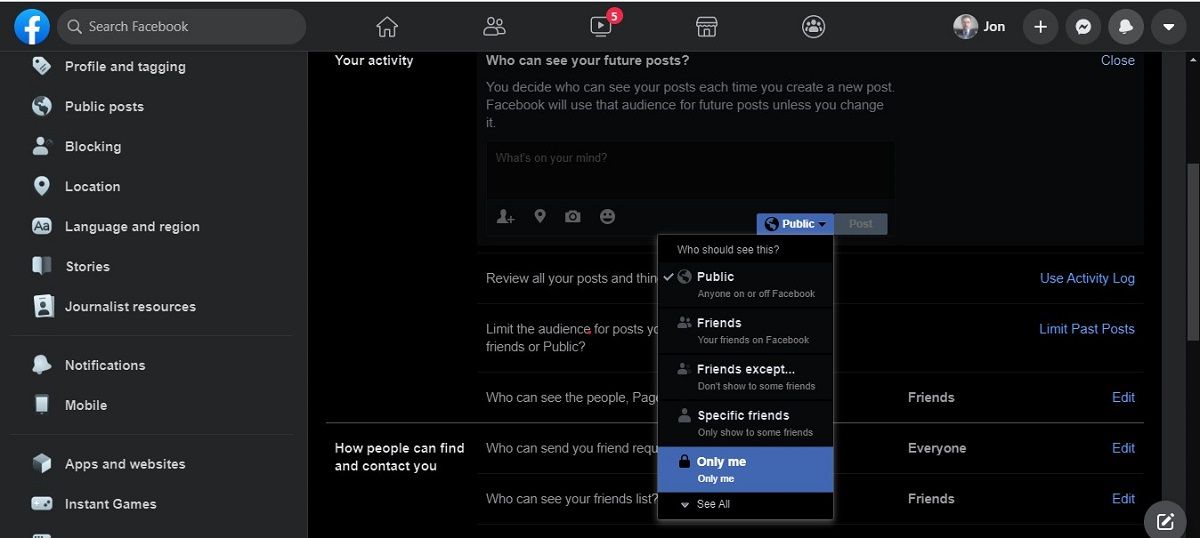 Switching Facebook options to private