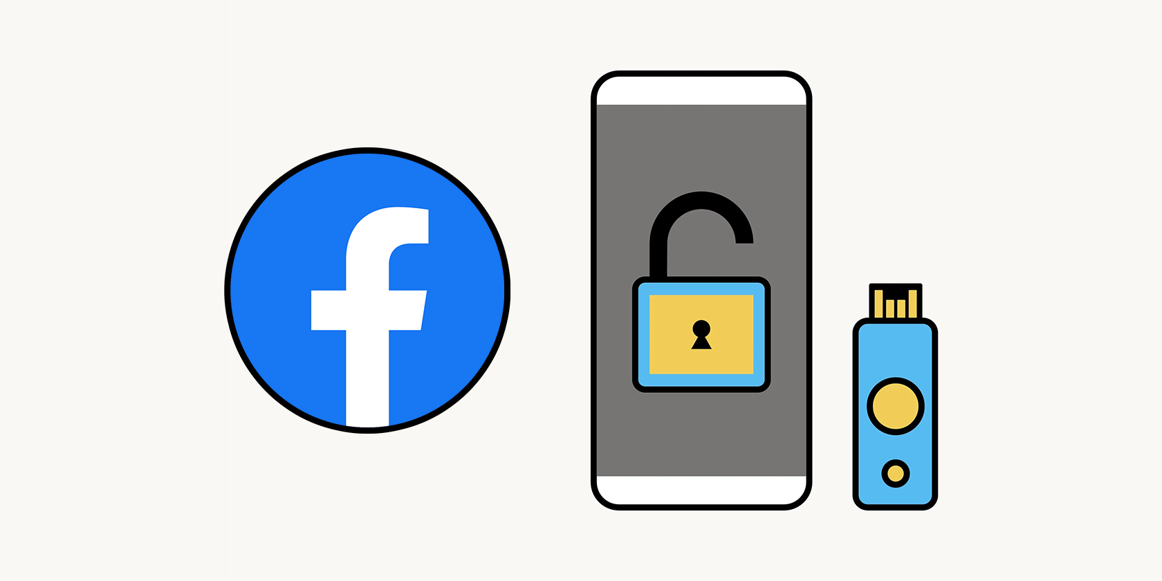 Vector graphic of the Facebook logo, mobile phone, and a security key