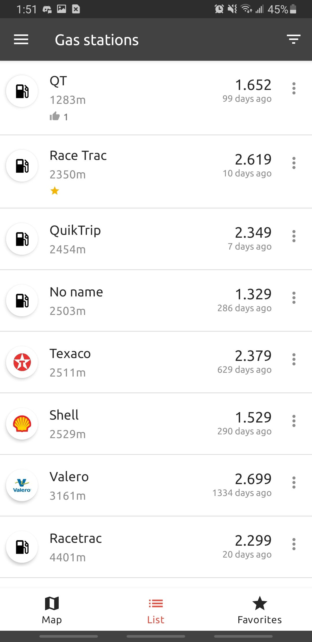 fuelio app showing nearby gas stations and their prices in a list view
