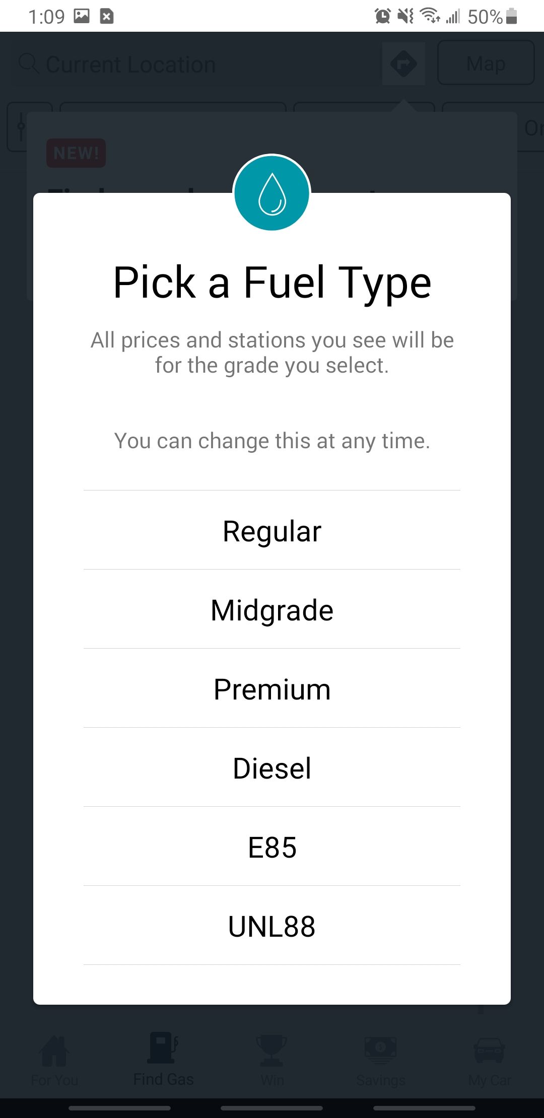 gasbuddy app allowing you to choose which fuel type you need