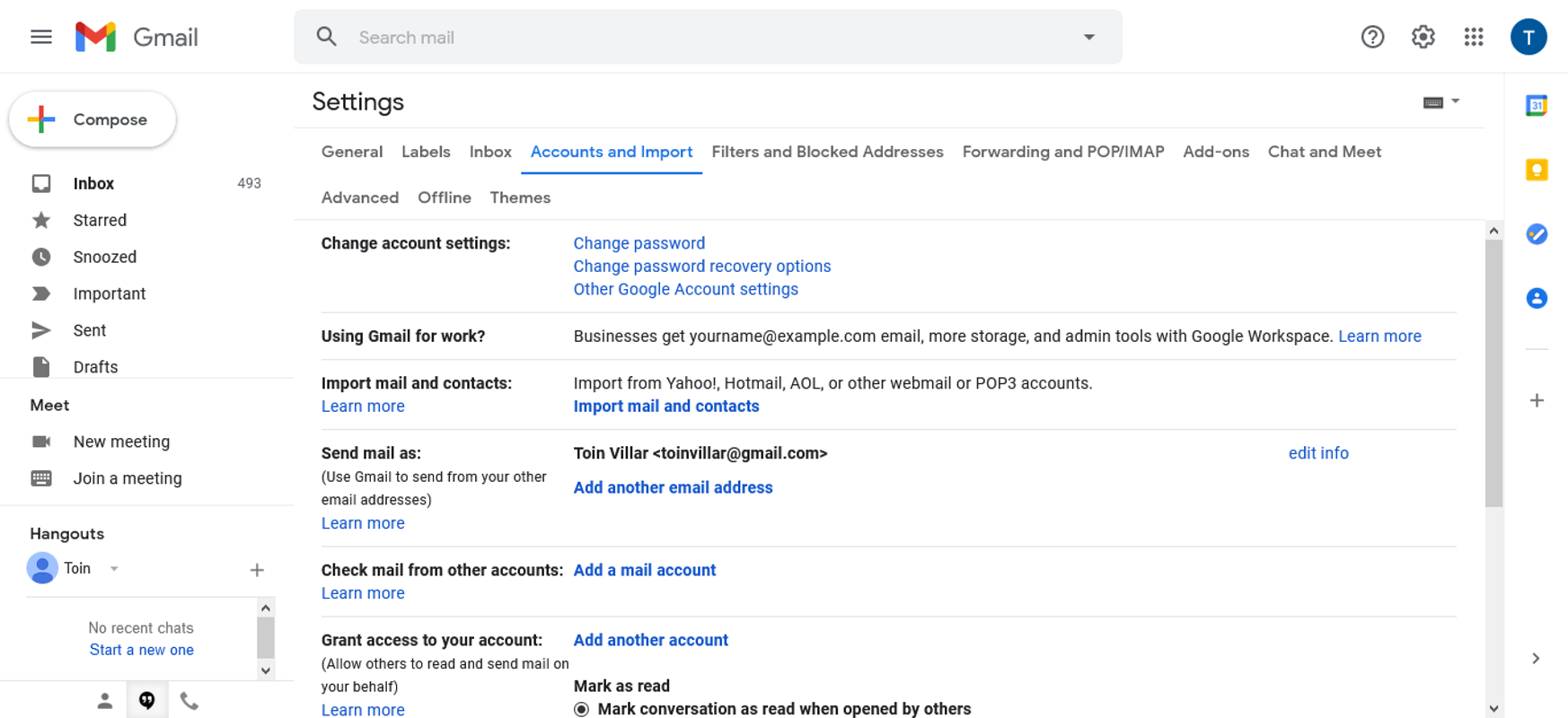 Gmail settings' accounts and import tab.