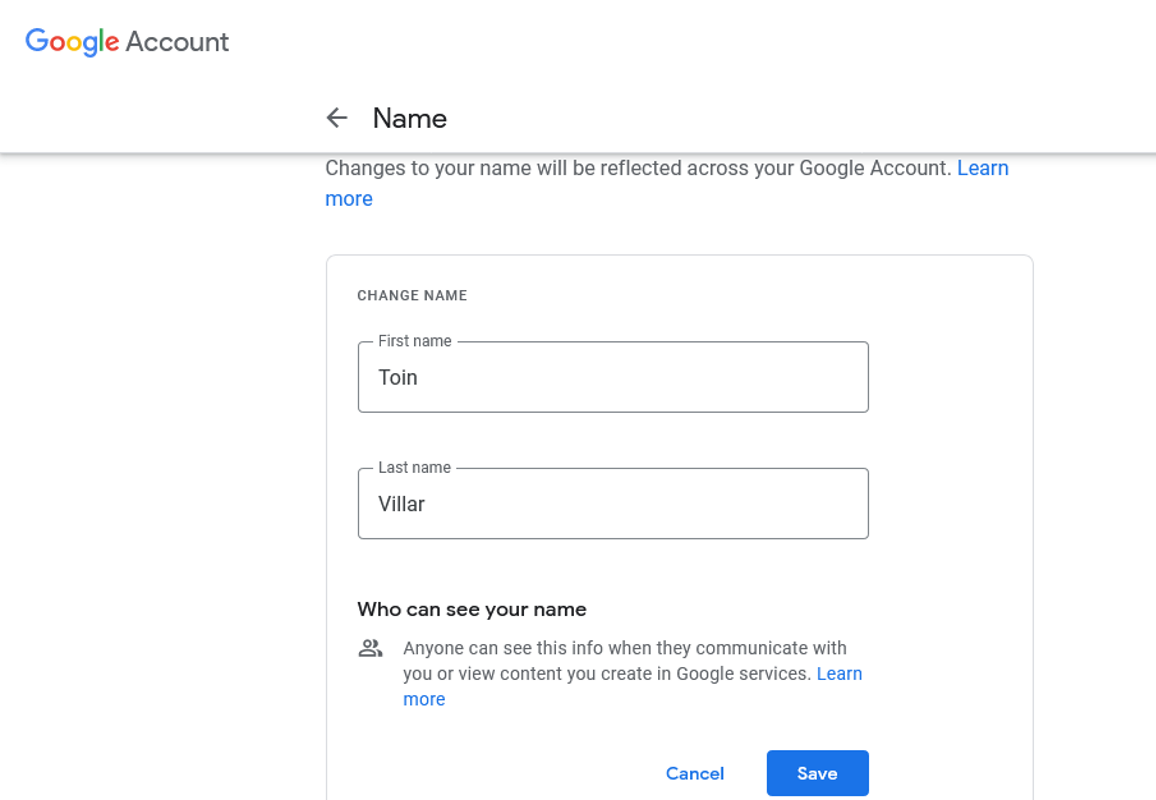 Google account personal info change