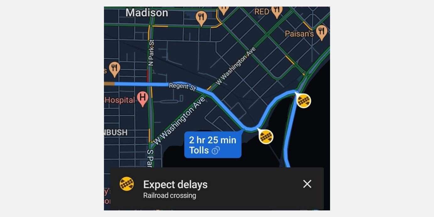 Avoid railroad crossings in Google Maps