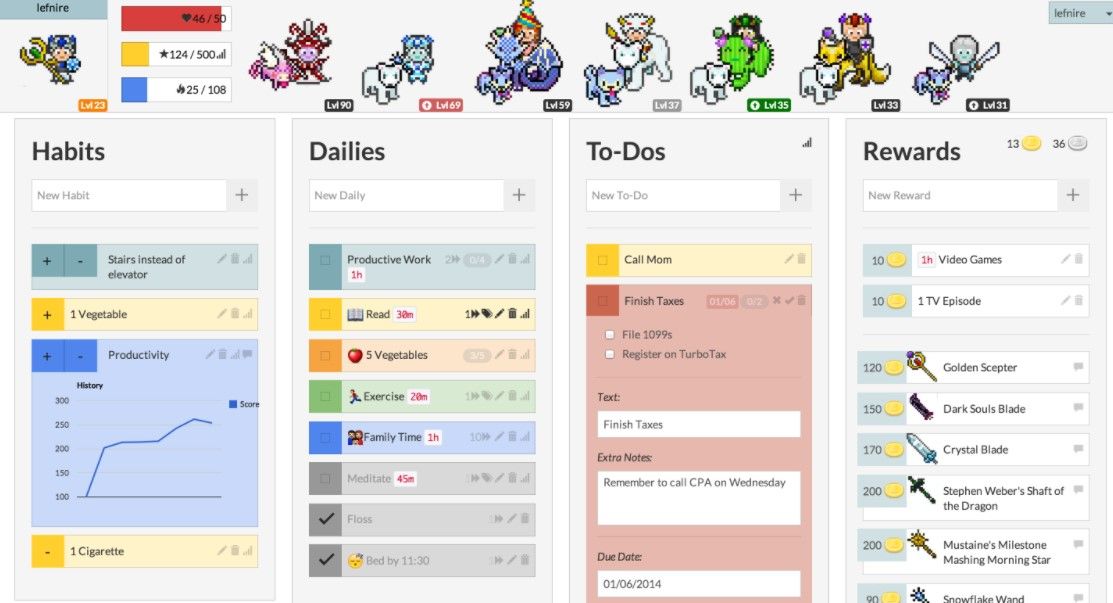 Habitica app interface dashboard