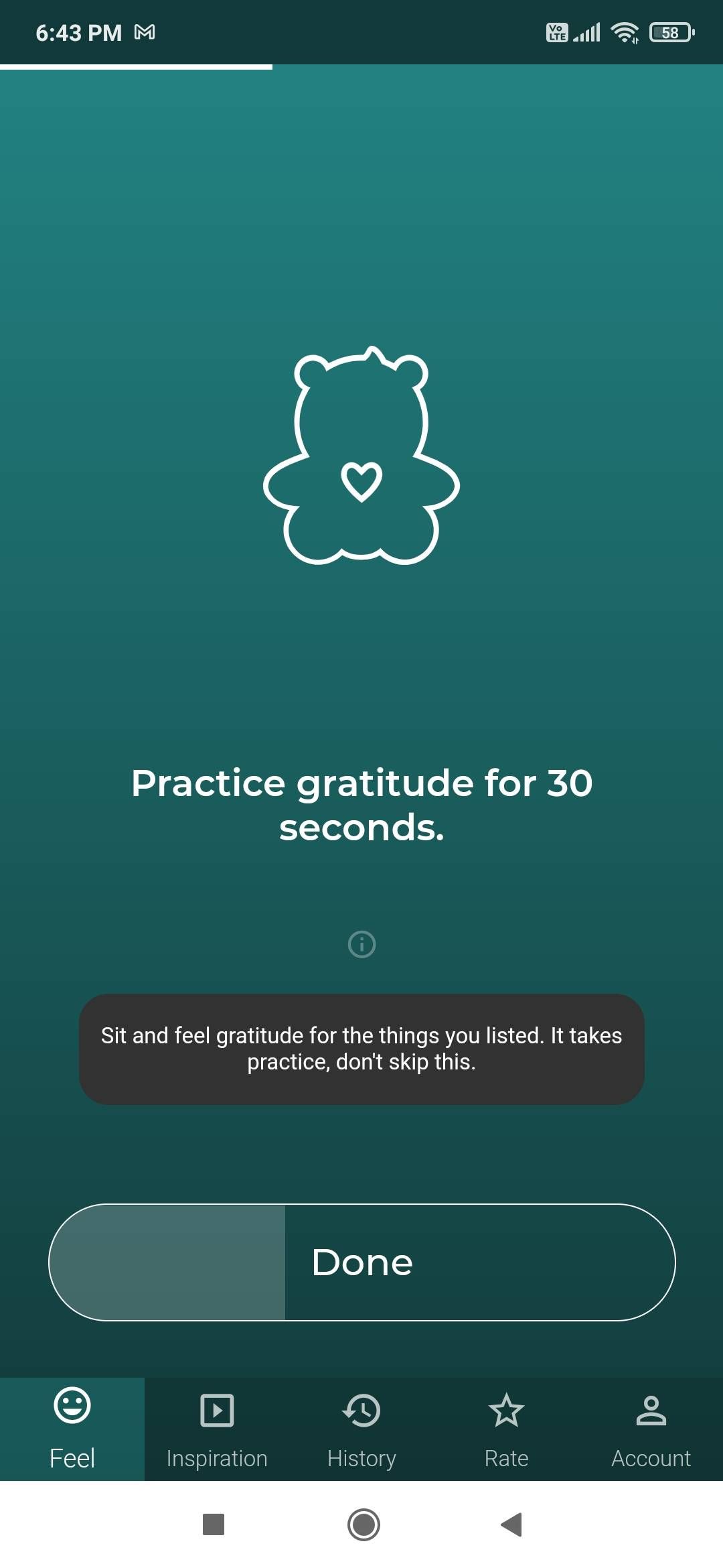 Feel Better app uses focussed happiness sessions like listing five gratitudes and reflecting on them for 30 seconds