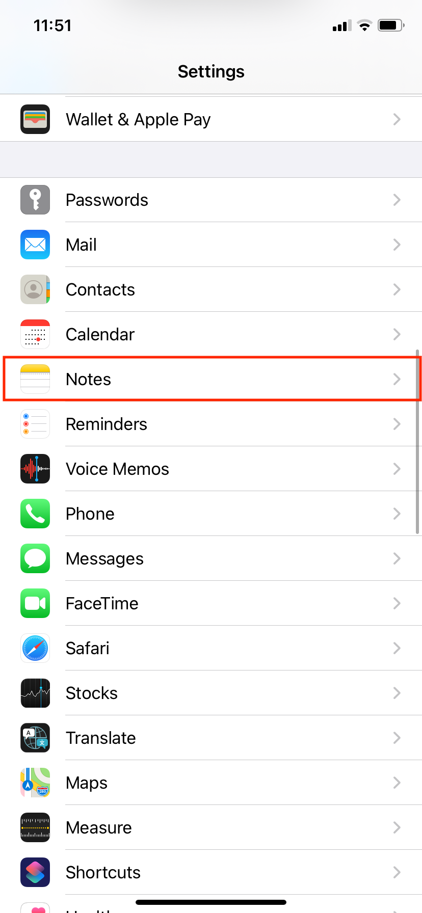 Notes settings on iPhone.