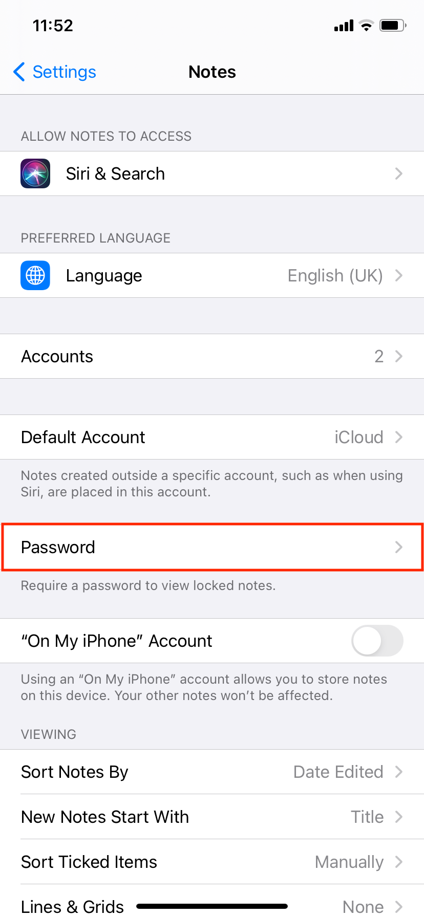 Create a password for notes on iPhone.