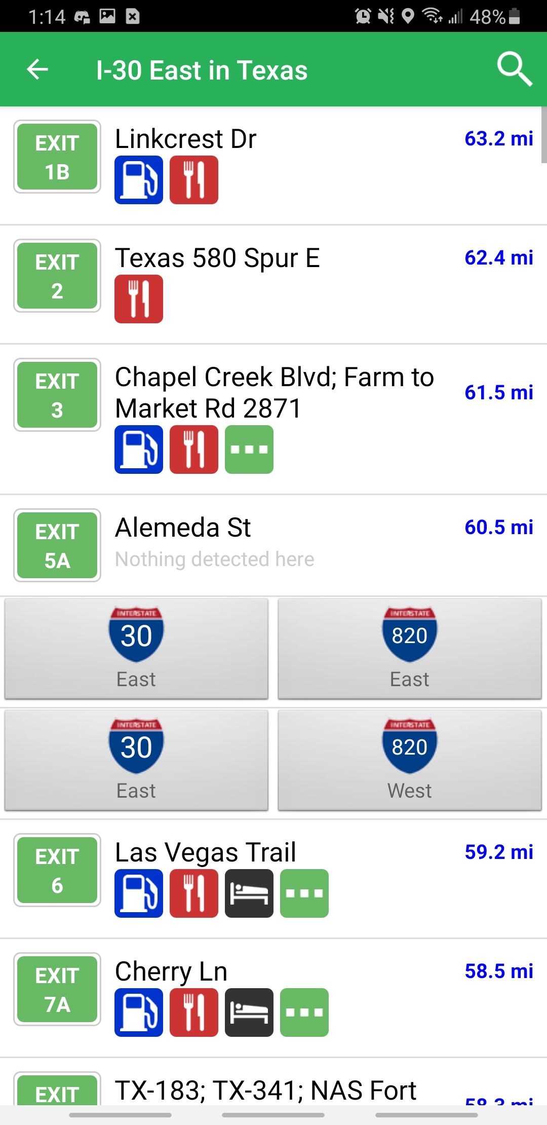 iexit app showing gas stations, food, hotels, and more at each exit on i-30