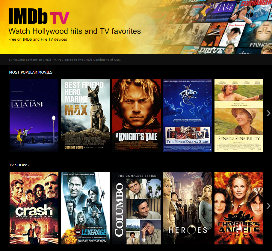 IMDb TV streaming service landing page