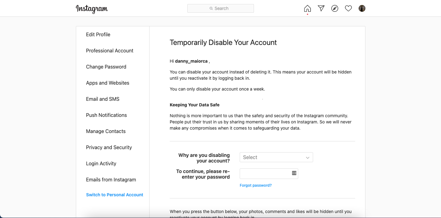 screenshot for deactivating your account
