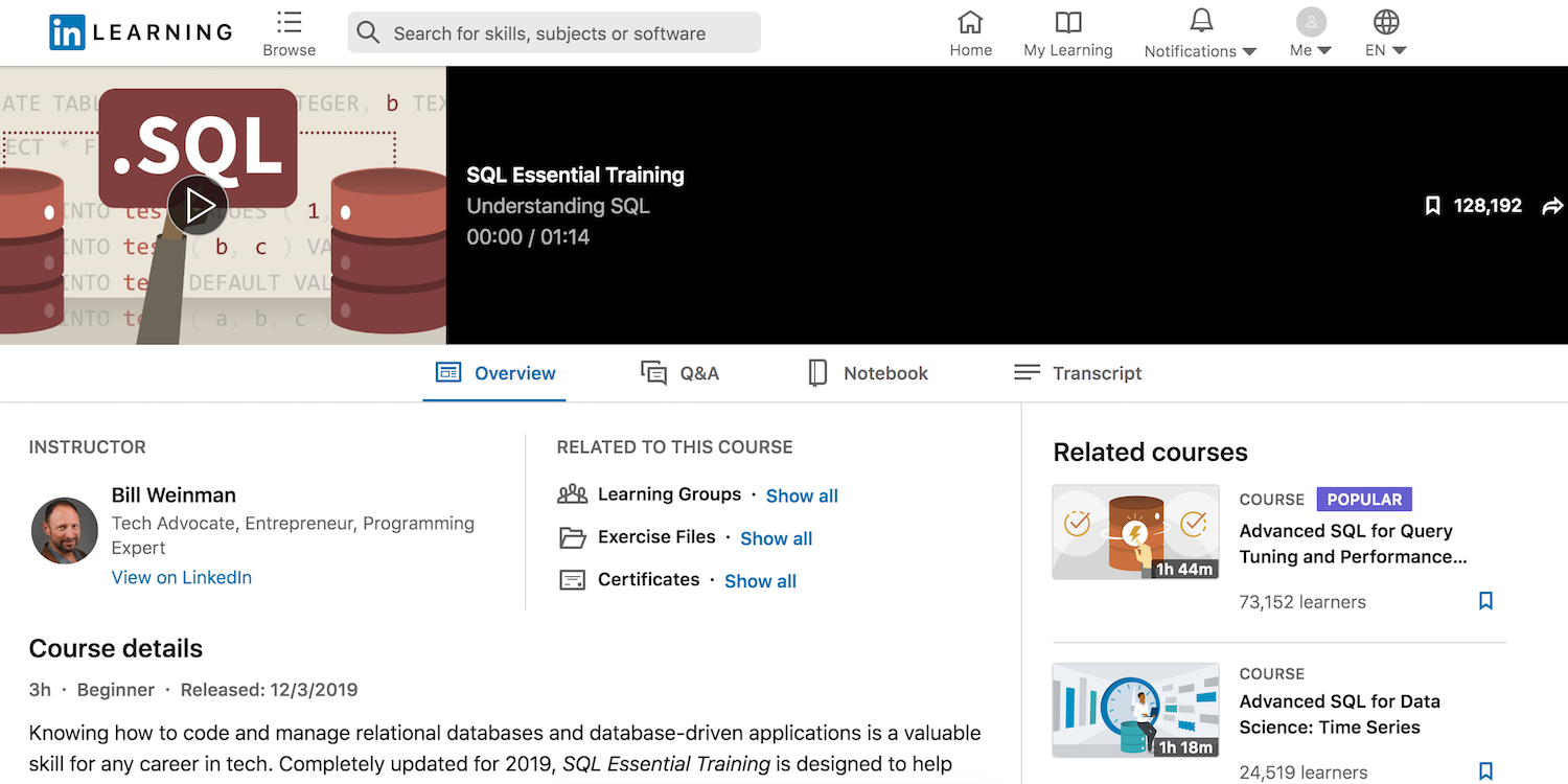 linkedin learning sql essential training course