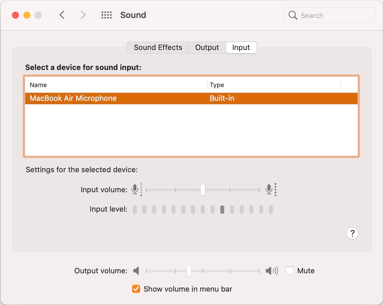 The Sound settings menu on a Mac