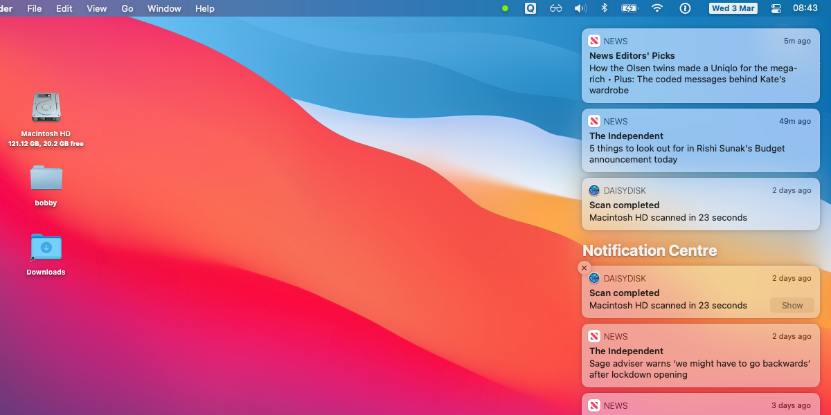 A screenshot of macOS showing Notification Centre
