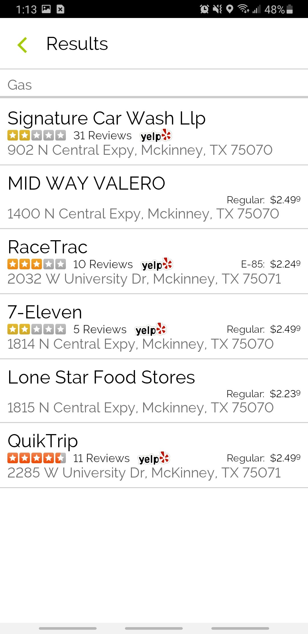 mapquest app page showing nearby gas stations and their prices in list view