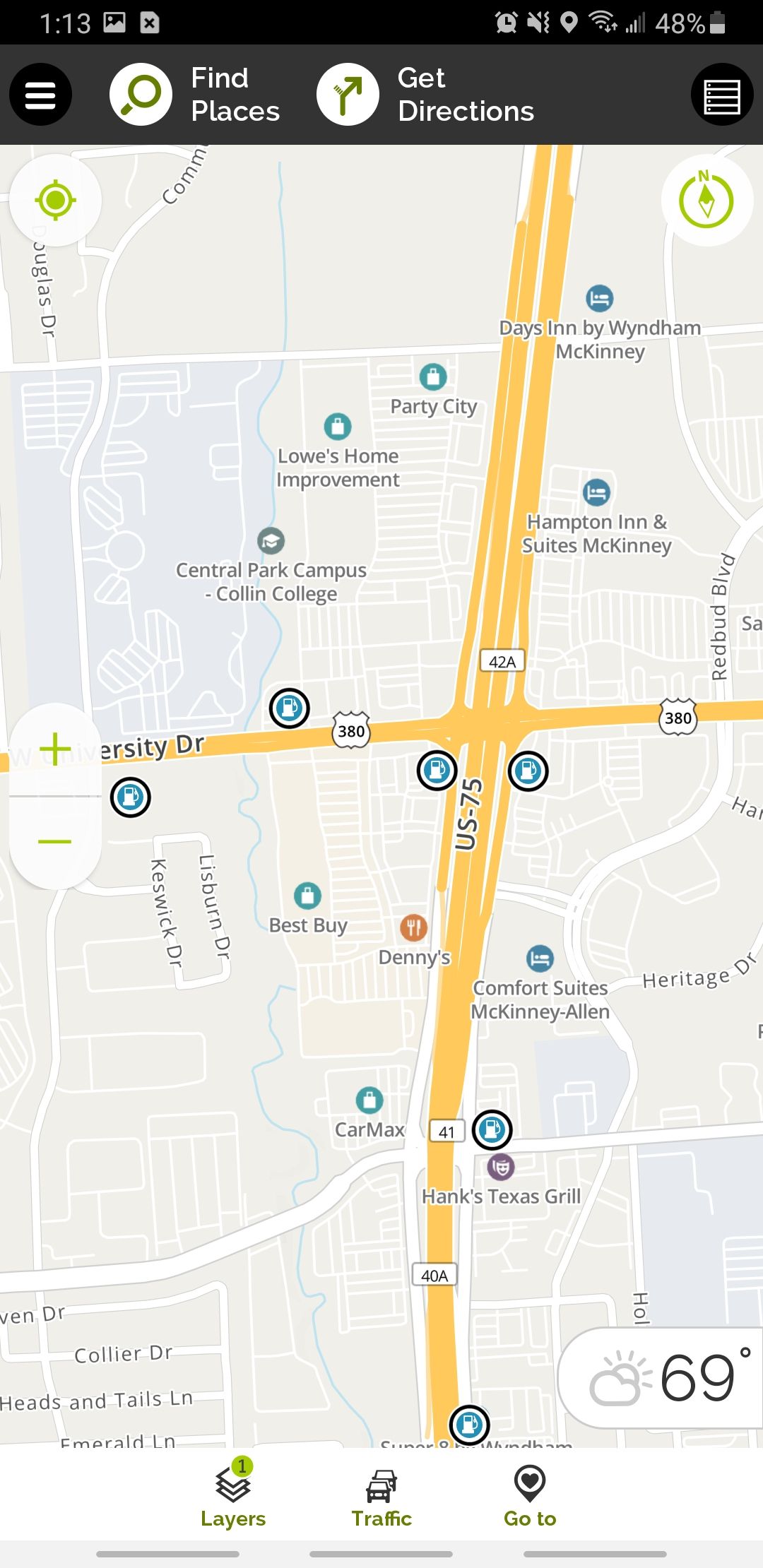 mapquest app showing nearby gas stations in map view