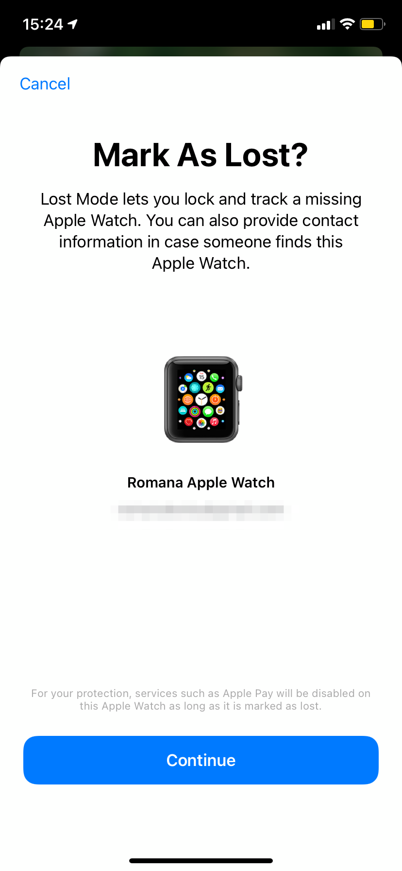 Find My's Mark as Lost page for Apple Watch.