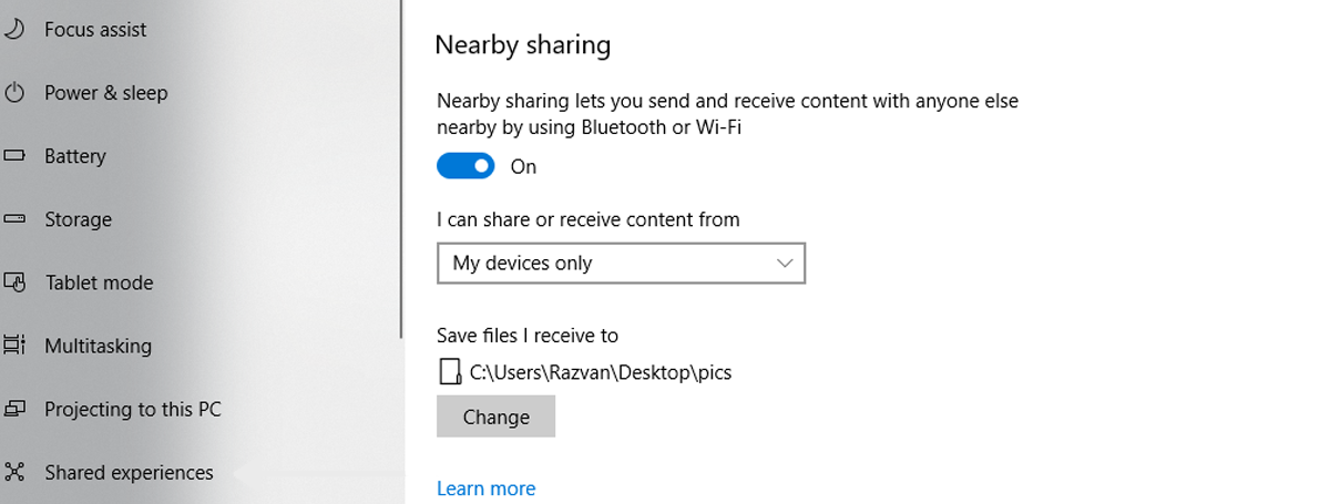 Nearby sharing menu in Windows 10