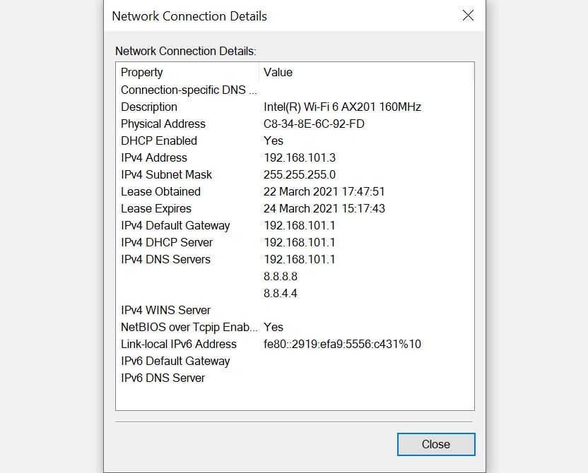 WiFi network adapter details in Windows 10