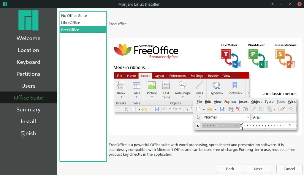 Manjaro Linux office suite selection