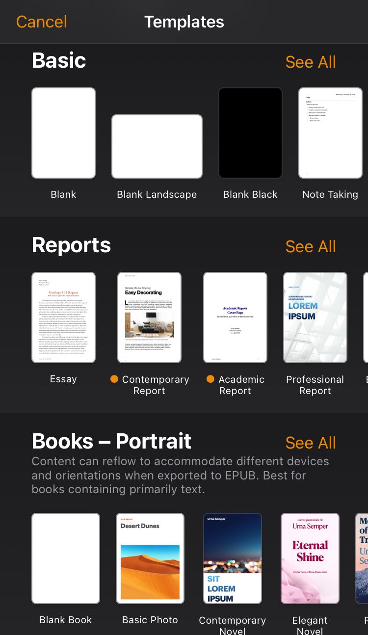 Pages iPhone App Homescreen With Templates