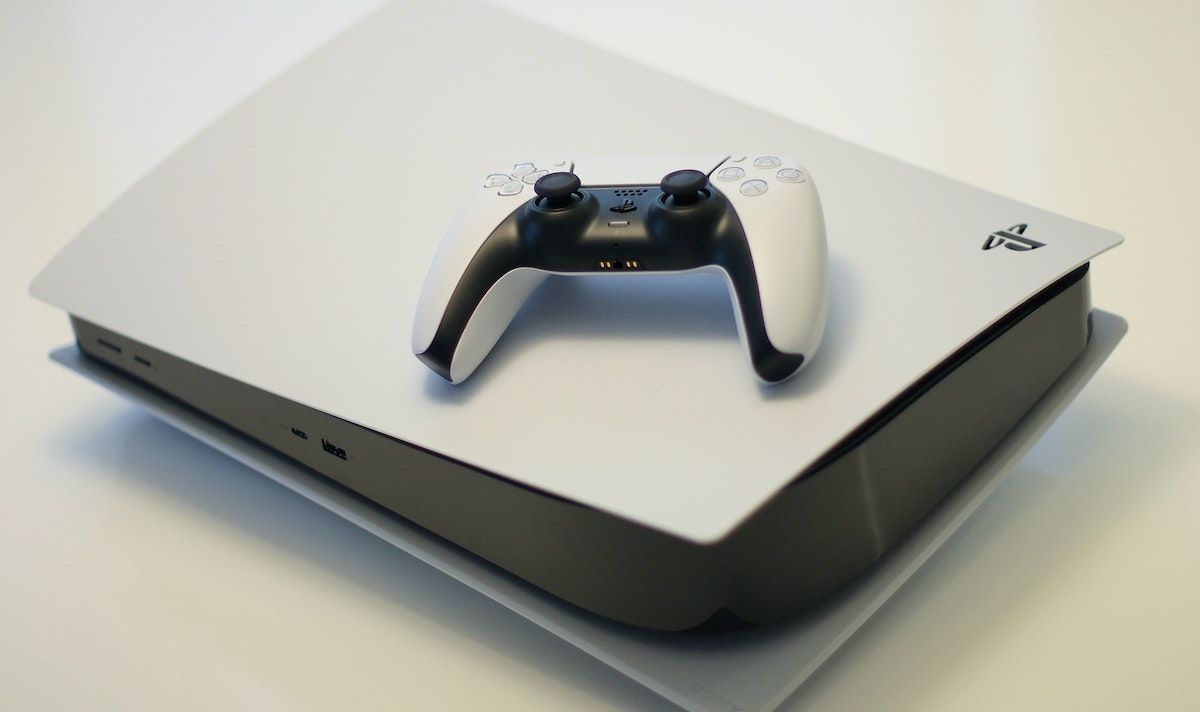 A photograph of the PlayStation 5 console