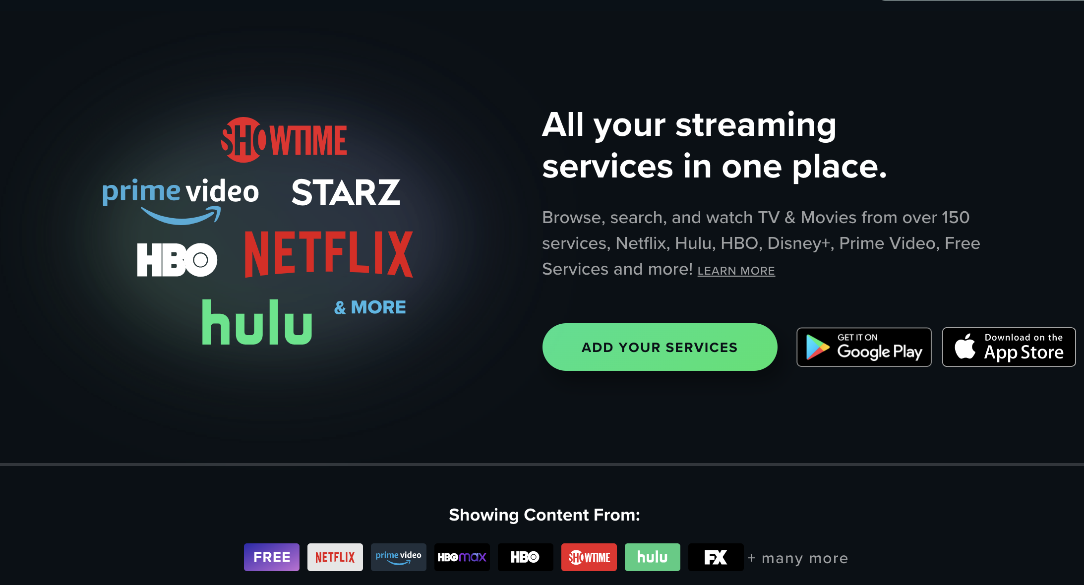 The Reelgood homepage, showing Netlfix, Hulu and other streaming service logos.