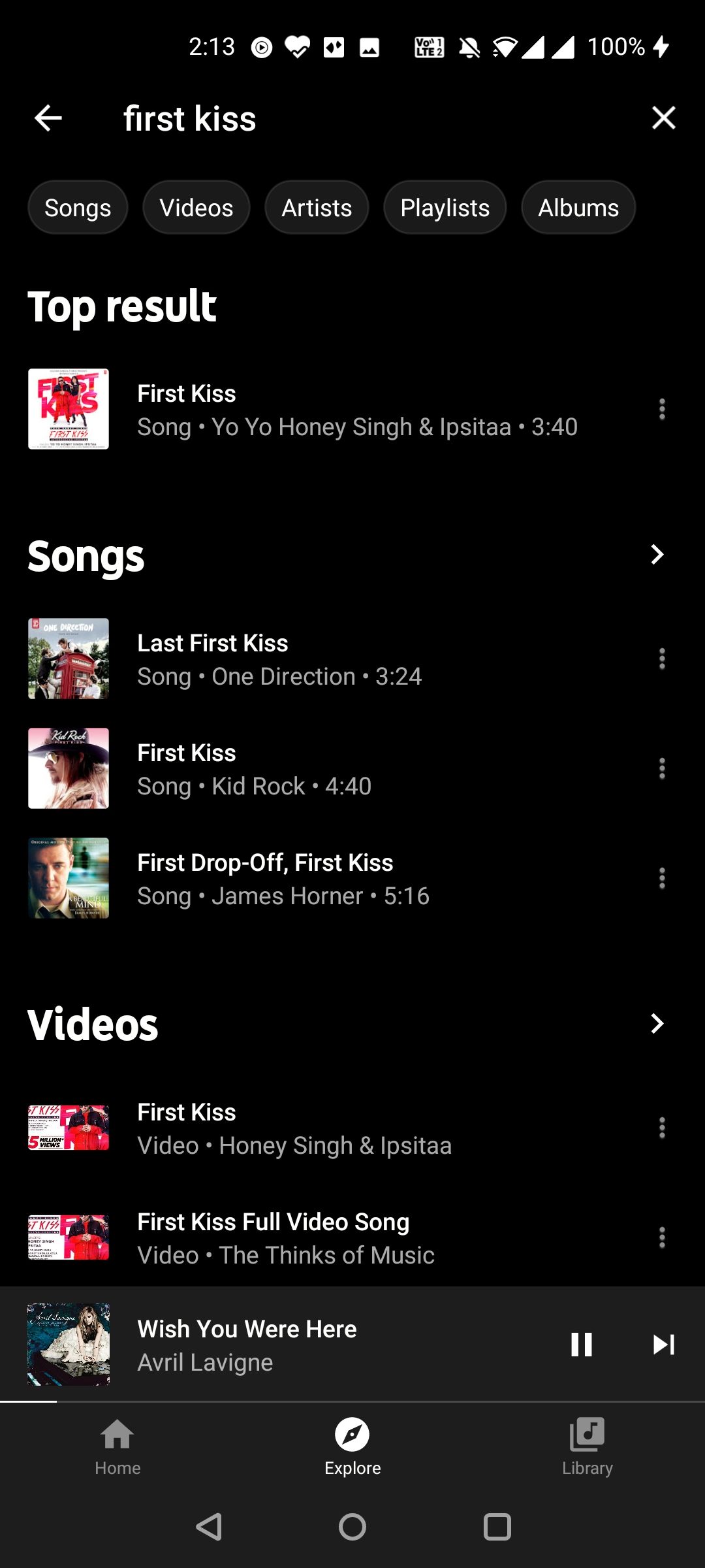 YouTube Music search results