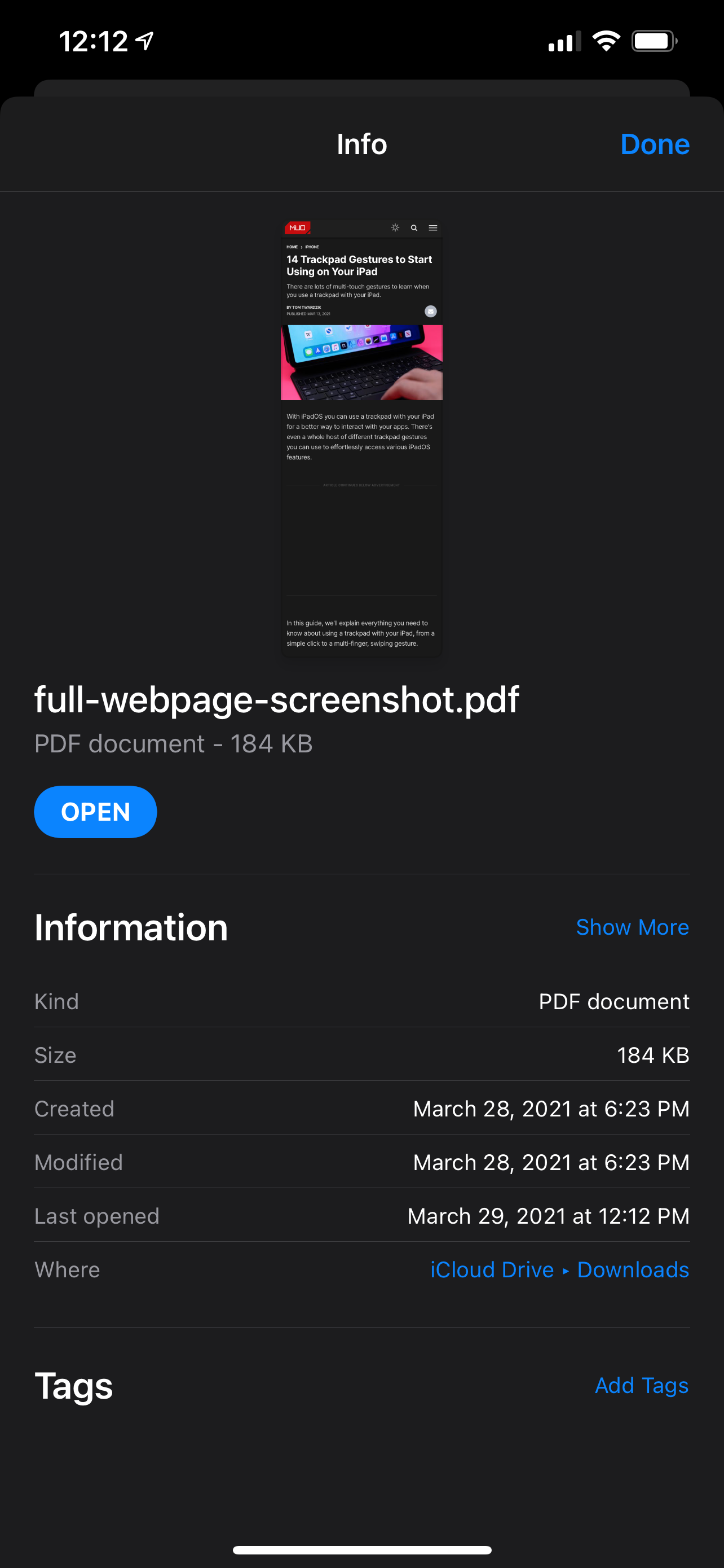 Viewing a full-page screenshot in Files.