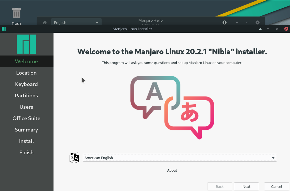 Manjaro Linux language selection screen