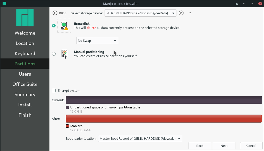 Manjaro Linux select installation partition