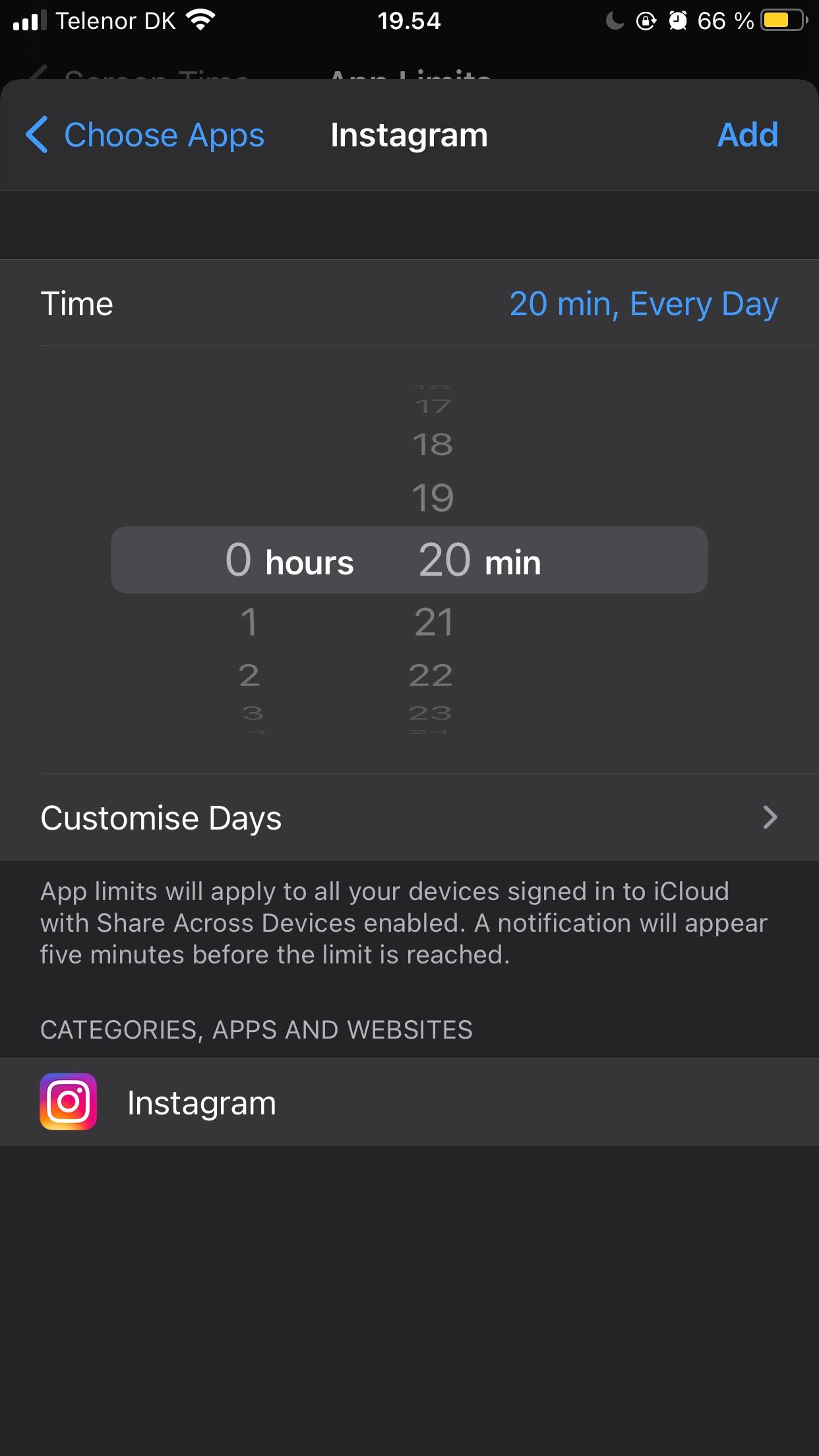 screenshot for setting how long you can spend on instagram