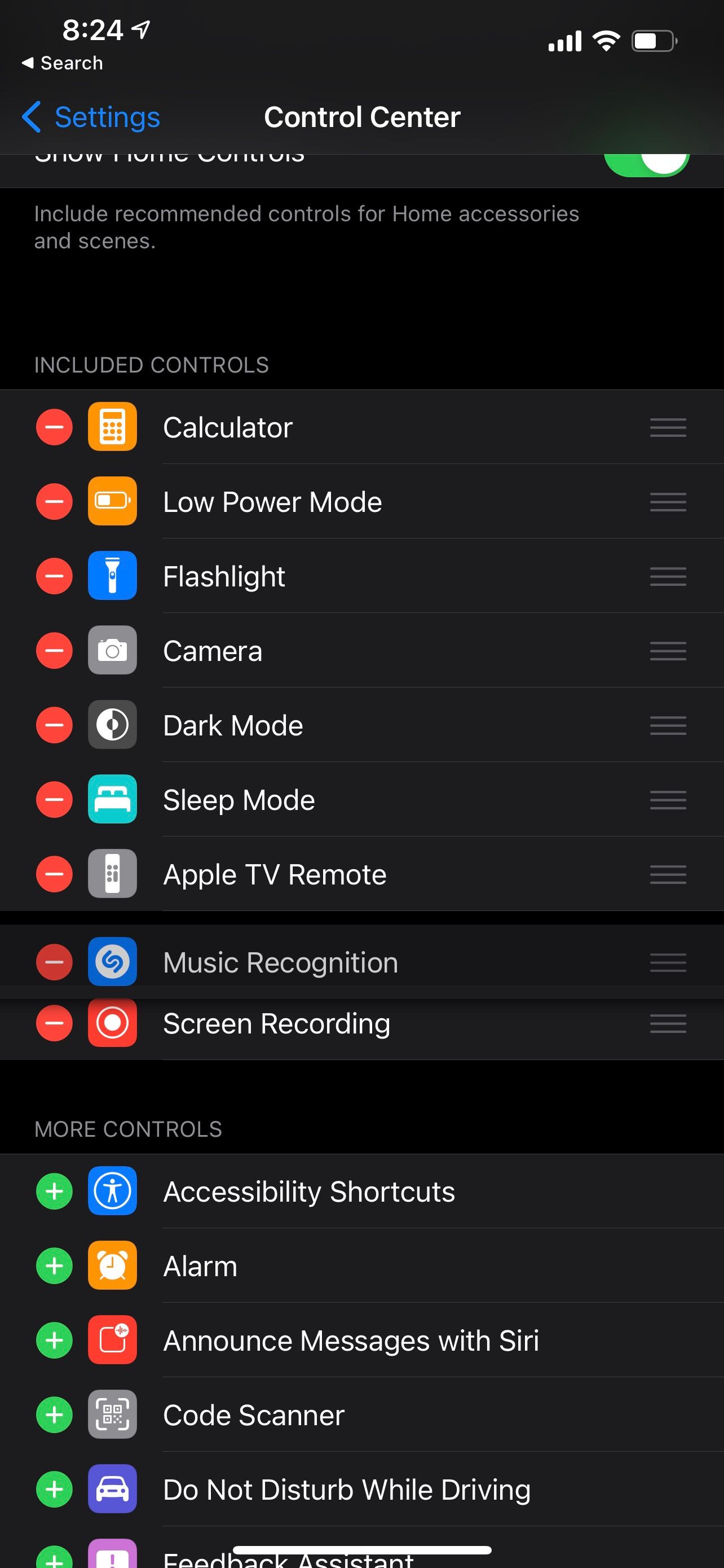 Control center settings while adding music recognition.