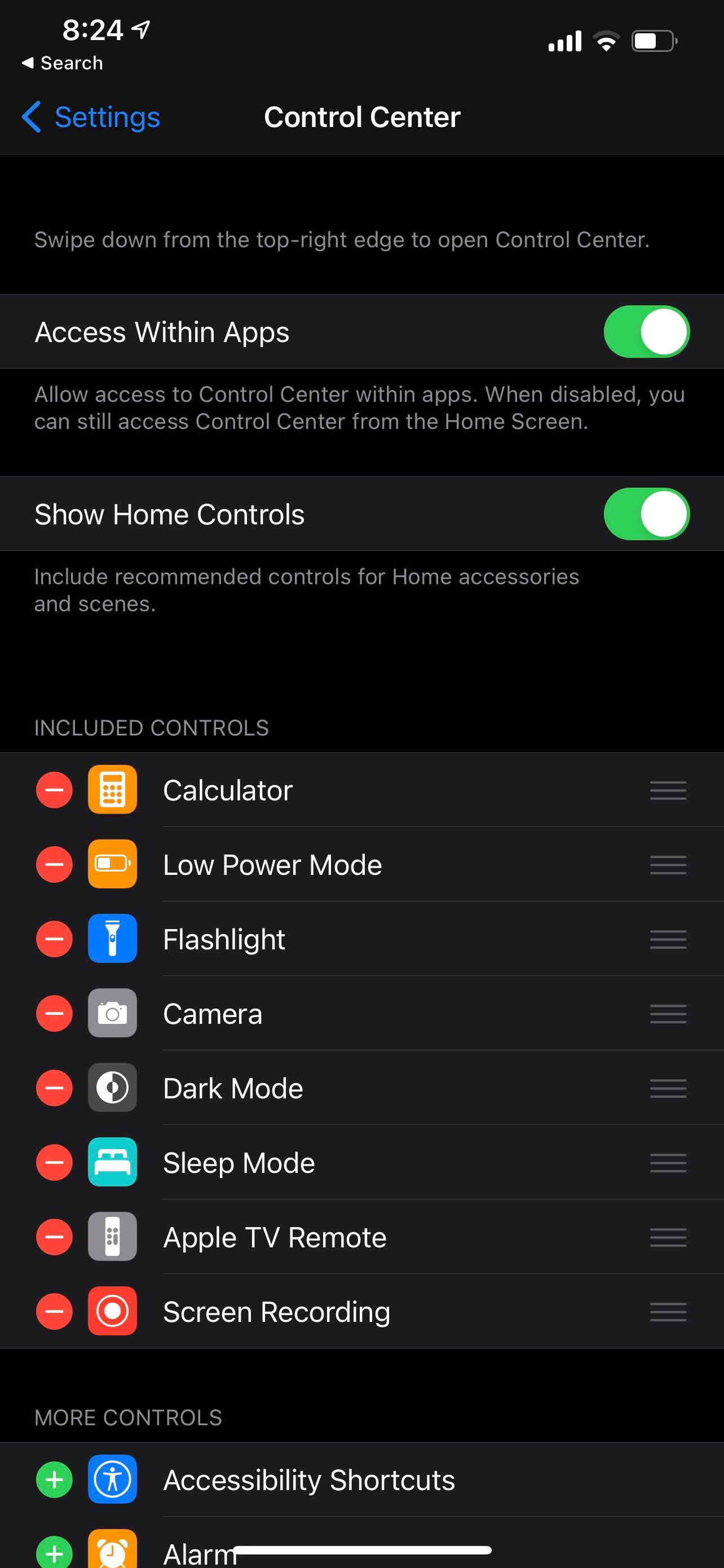 Control center settings with no music recognition.