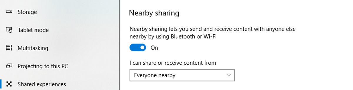 Nearby sharing window in Windows 10