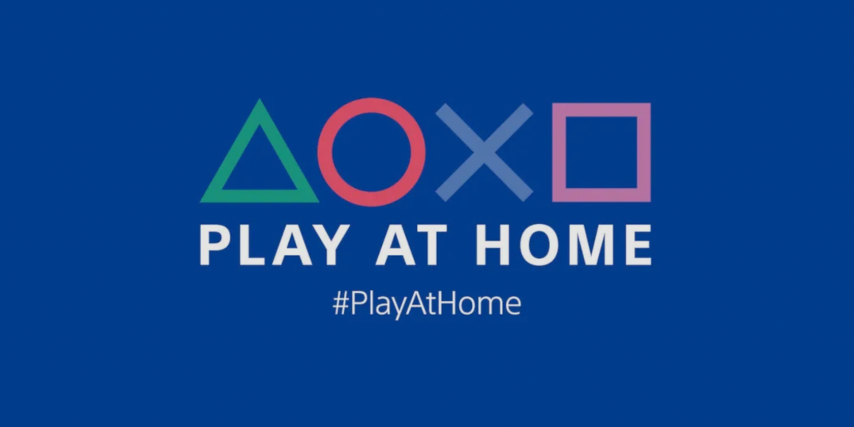 The Sony "Play At Home" text with #PlayAtHome with the Sony button logos on a blue background.