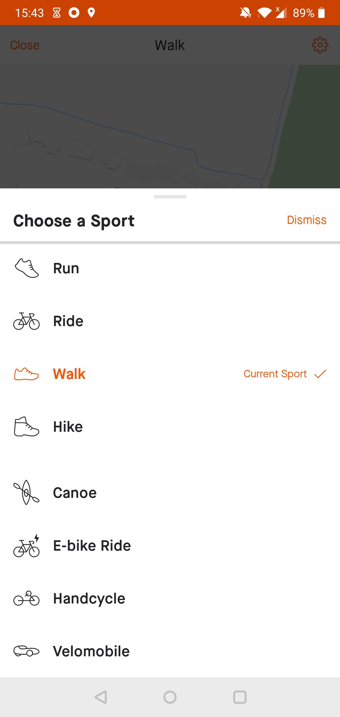 "Choose a Sport" section on the Strava Android app.
