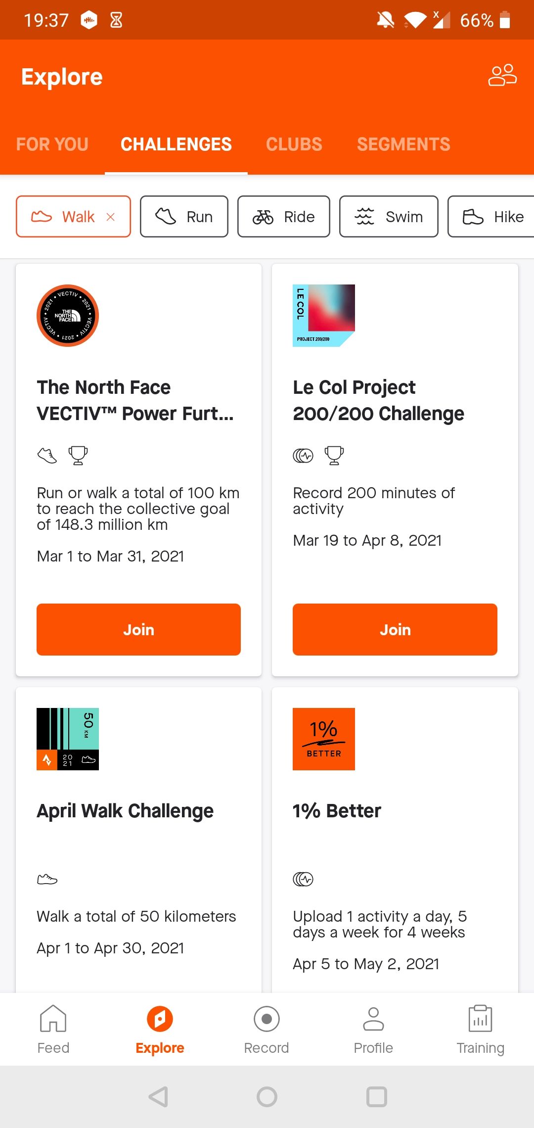 The "Explore" tab on the Strava Android app on the "Challenges" section.