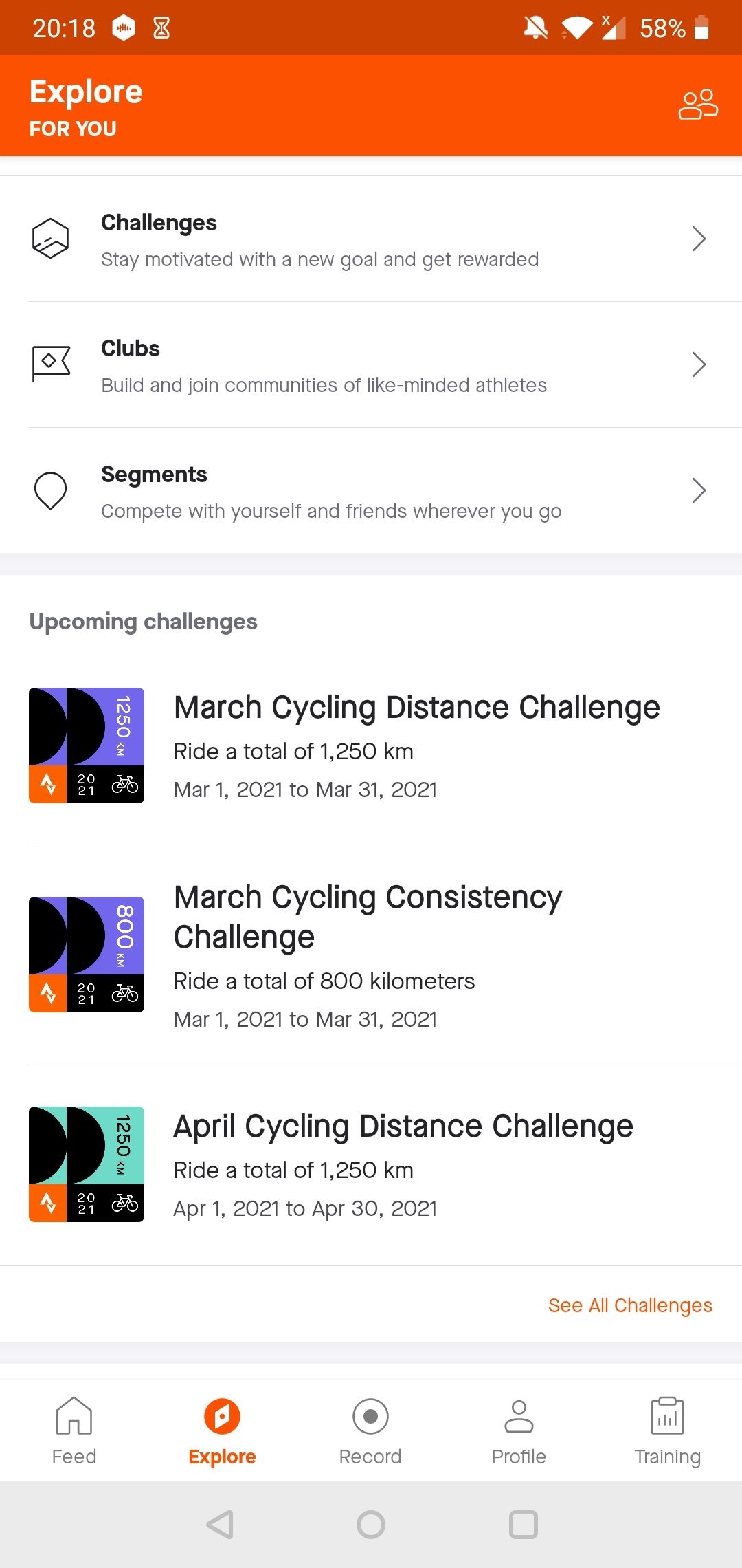 The "Explore" tab on the Strava Android app on the "For You" section.