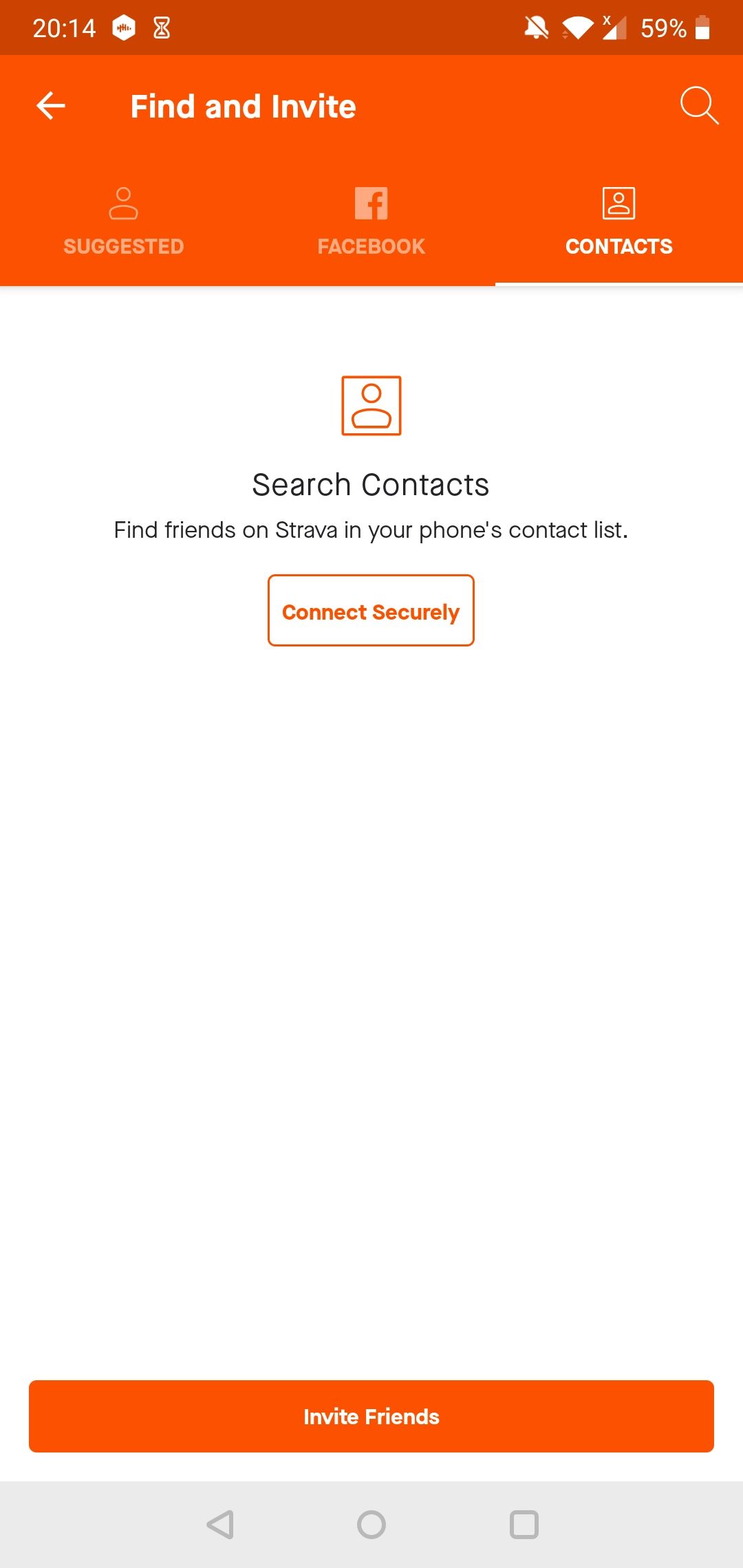 The "Find and Invite" section of the Strava Android app, showing the "Contacts" section.