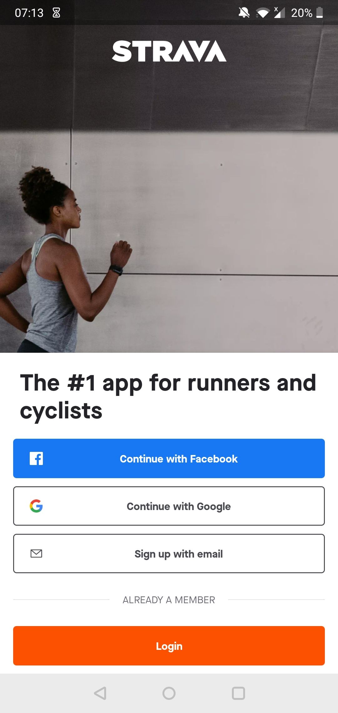 The log in page on the Strava Android app.