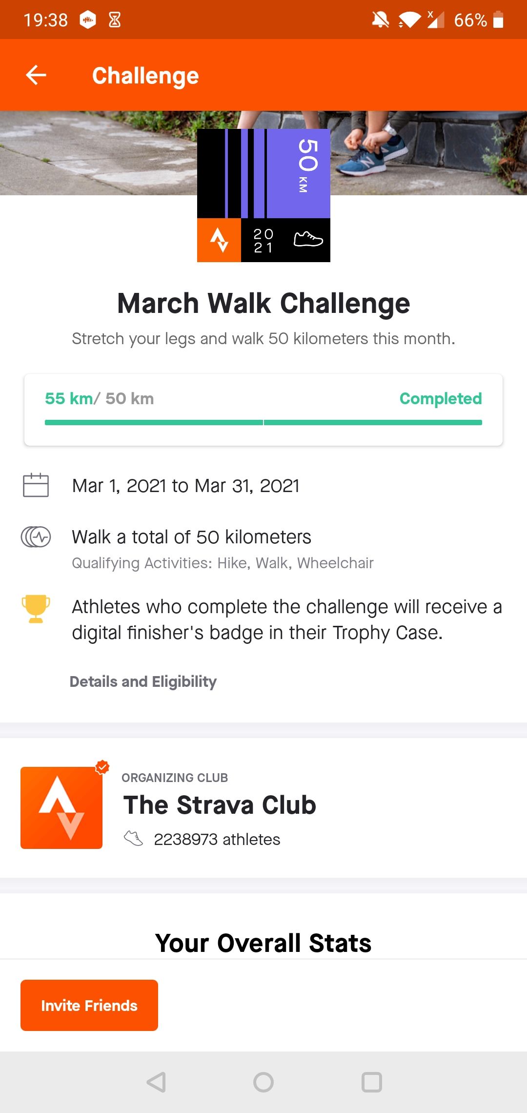 The "March Walk Challenge" on the Strava Android app.