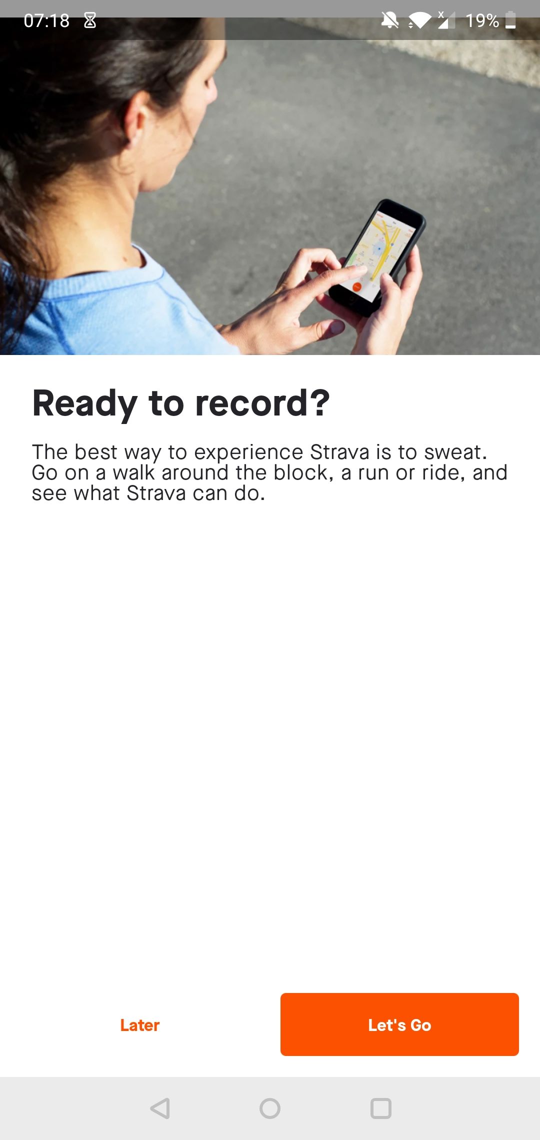 "Ready to Record" page on the Strava Android app.