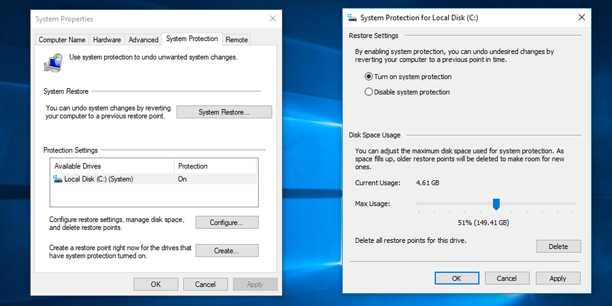 Creating a restore point in Windows 10