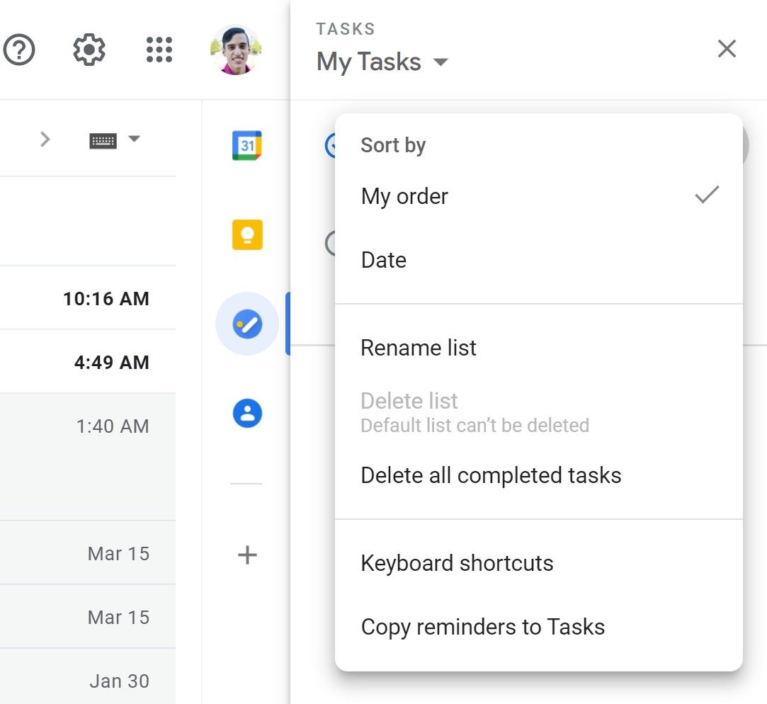 Google Tasks options menu