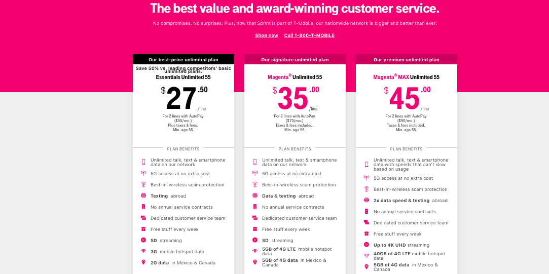 Webpage showing 3 T Mobile cell phone plan options