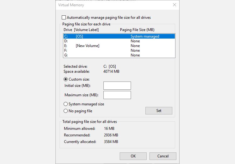 virtual memory set custom size